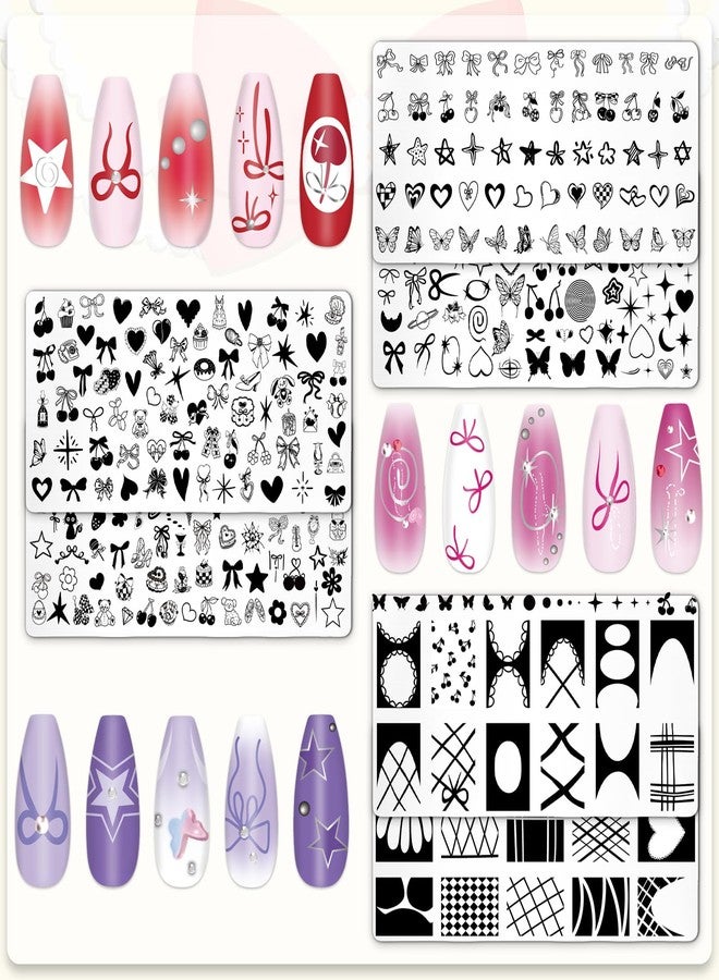 Whaline 6Pcs Coquette Nail Plates Stamping Set Bow Cherry Heart Stamp Templates Nail Art Plates for DIY Print Manicure Salon Design - Image 3